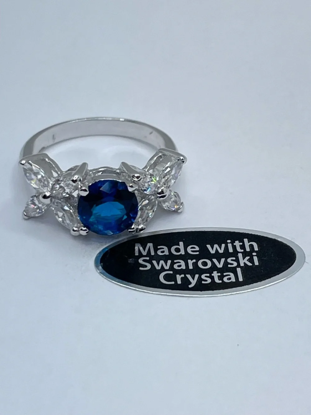 Sapphire Blue Diamond White Swarovski Crystal Elements Floral Ring Silver Sz 7